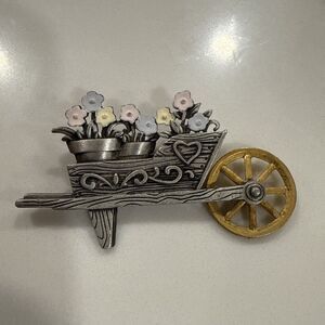 JJ Jonette Garden Cart Flowers Brooch Pin Vintage Estate